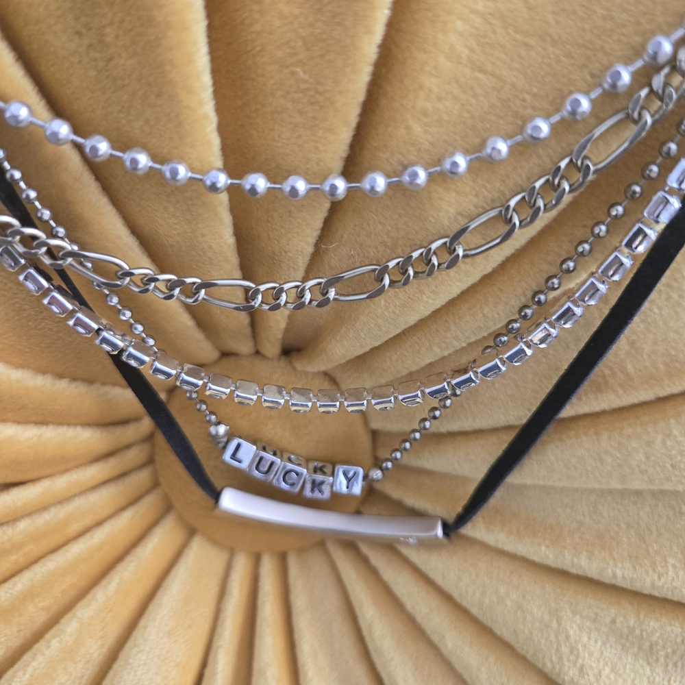 Lucky Brand Multi-Layer Silver and Black 'LUCKY' Necklace
